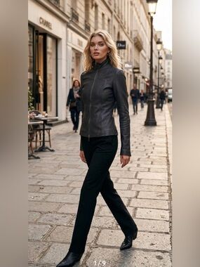 Women Black Real Leather Jacket Slim Fit Mock Neck Minimalist Biker Coat Size S